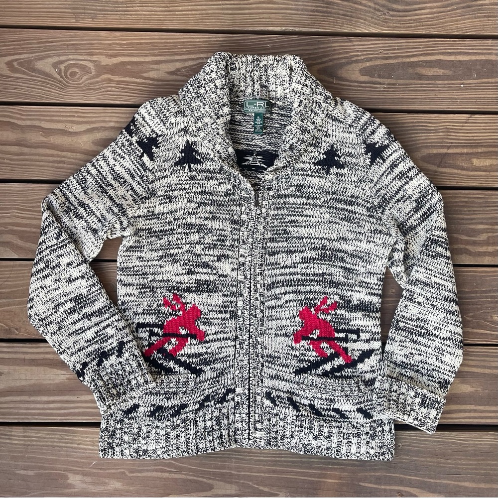 Ralph Lauren Black & White Marled Zip Sweater with Red Ski Motif